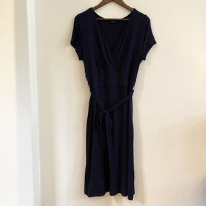 Talbots Dress Navy Blue‎ Shift Midi Faux Wrap Stretch Womens Size Medium